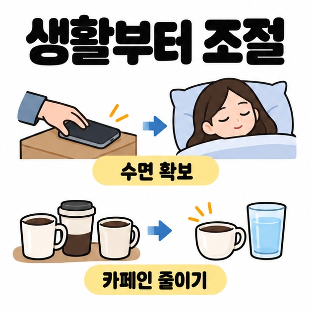휴대전화를 내려놓고 잠드는 모습과 여러 커피잔을 커피 한 잔과 물컵으로 줄이는 모습으로 수면 확보와 카페인 줄이기를 안내한 그림