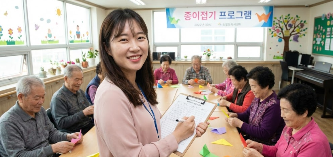 복지관에서 어르신들과 함께 프로그램을 진행하며 인원수를 체크하는 사회복지사의 모습