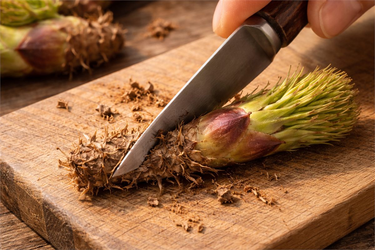 두릅 밑동과 가시 부분을 칼로 다듬는 장면 