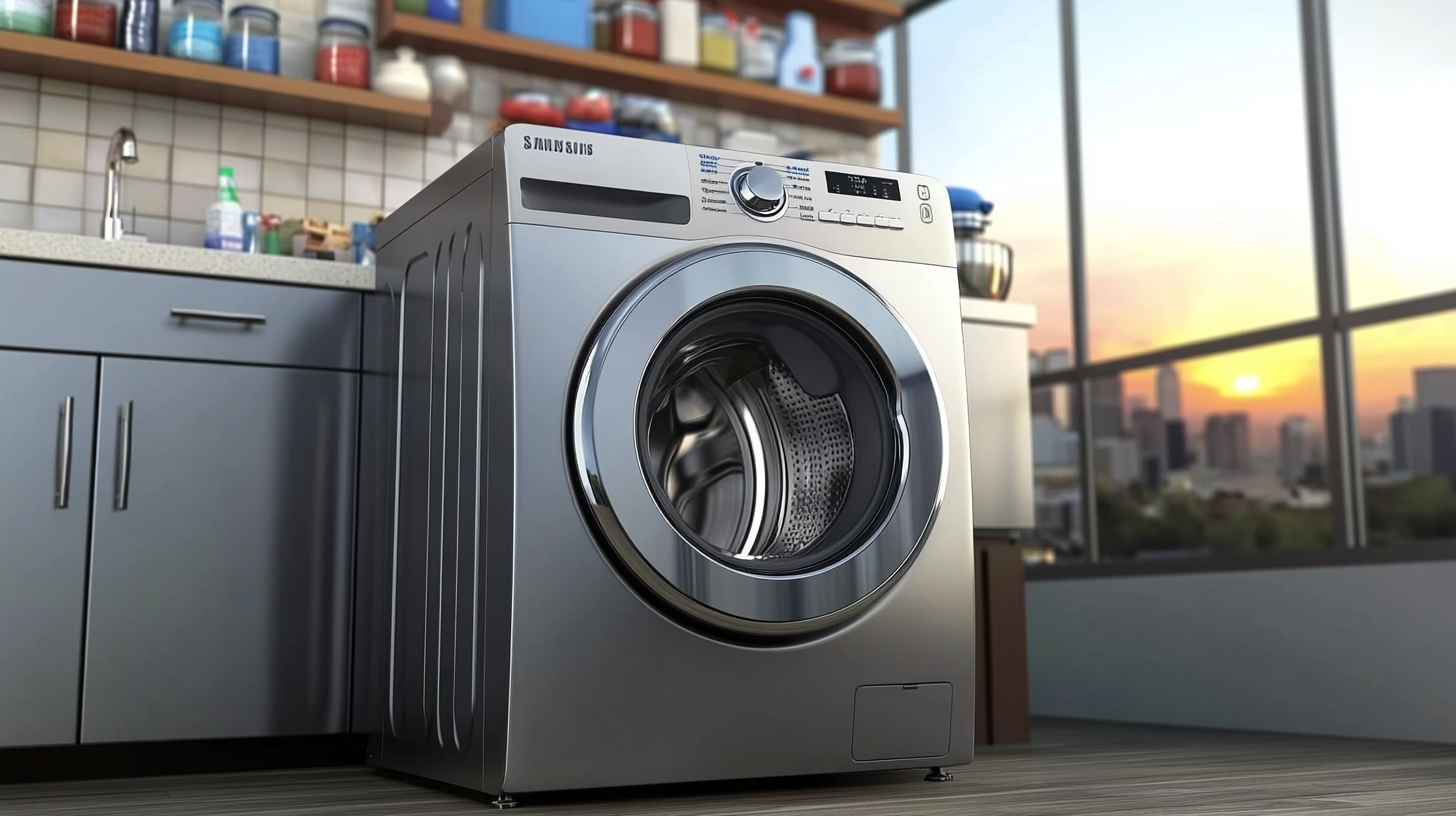 세련되고 미니멀한 주방에 위치한 현대적인 삼성 WF2522HDEEA 세탁기. 스테인리스 스틸 가전제품과 석양이 보이는 큰 창문이 어우러진 모습.
