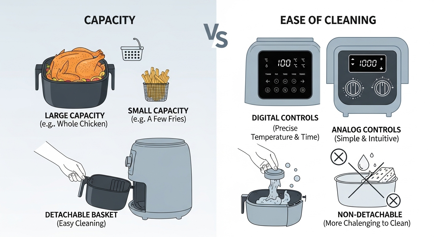 에어프라이어 용량, 조작 방식, 세척 편리성 등 주요 기능을 아이콘과 그림으로 시각화한 비교 정보 이미지.