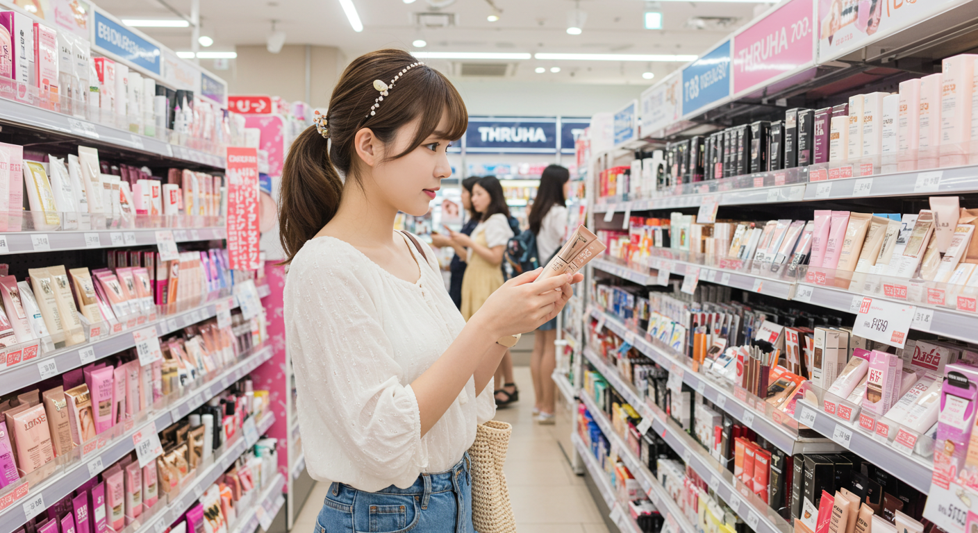 드럭스토어에서 화장품을 고르는 여자