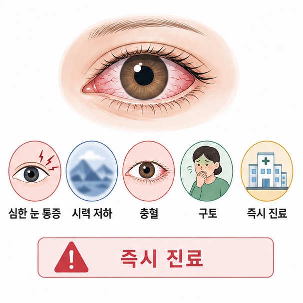 갑작스러운 심한 눈 통증과 시력 저하, 충혈, 구토가 나타나면 즉시 진료가 필요함을 보여주는 그림