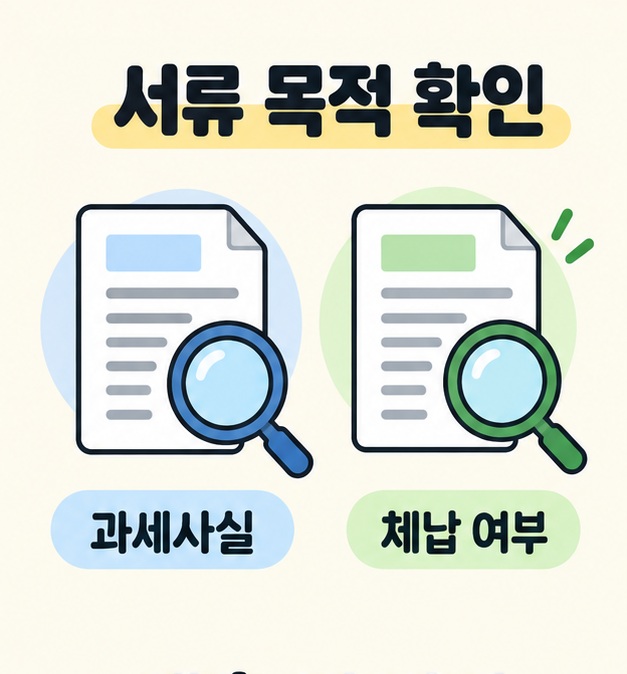 세목별 과세증명서와 지방세 납세증명서의 확인 목적을 구분한 서류 일러스트
