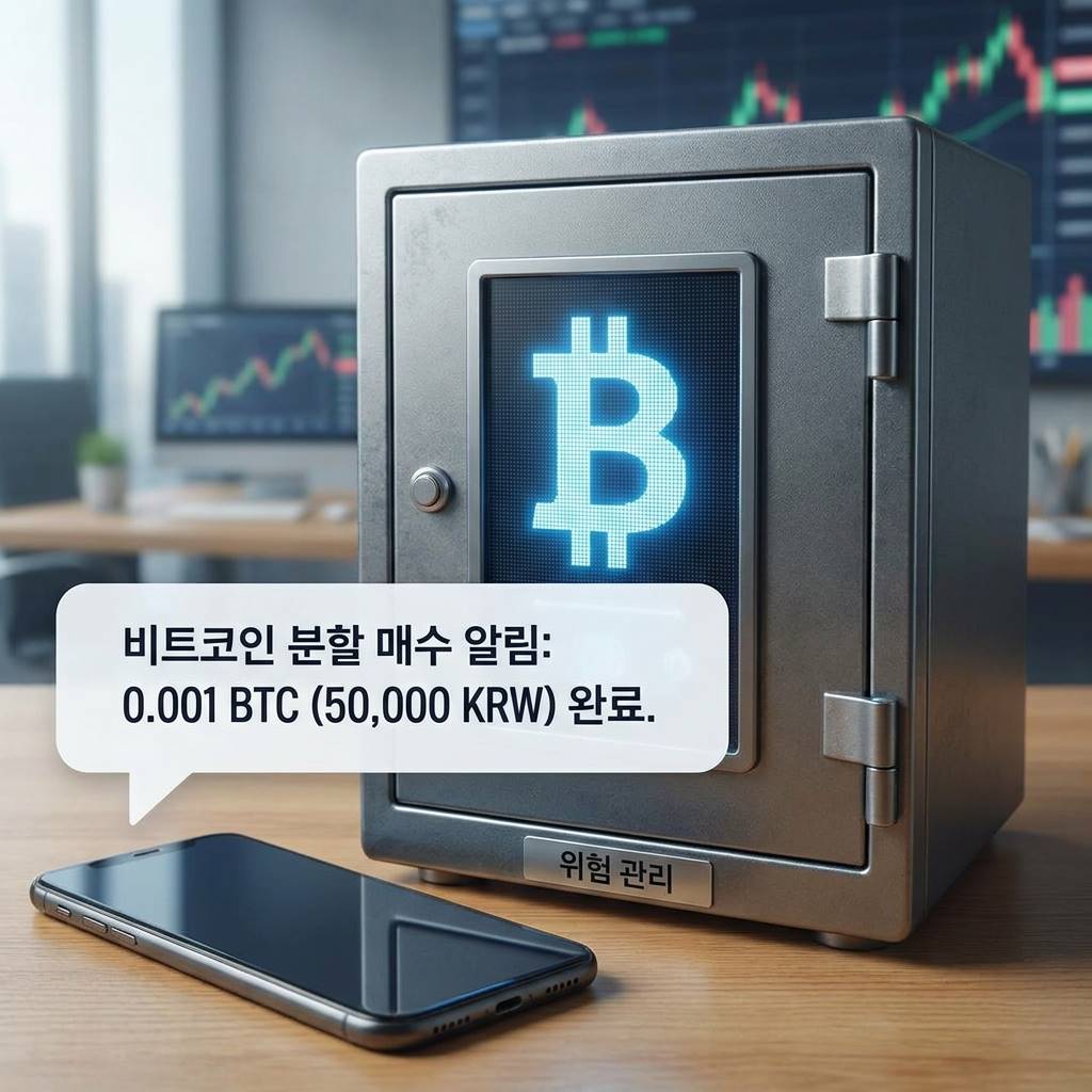 리스크 관리를 상징하는 튼튼한 금고 안에 보관된 비트코인과 스마트폰 화면에 분할 매수 알림이 뜬 모습