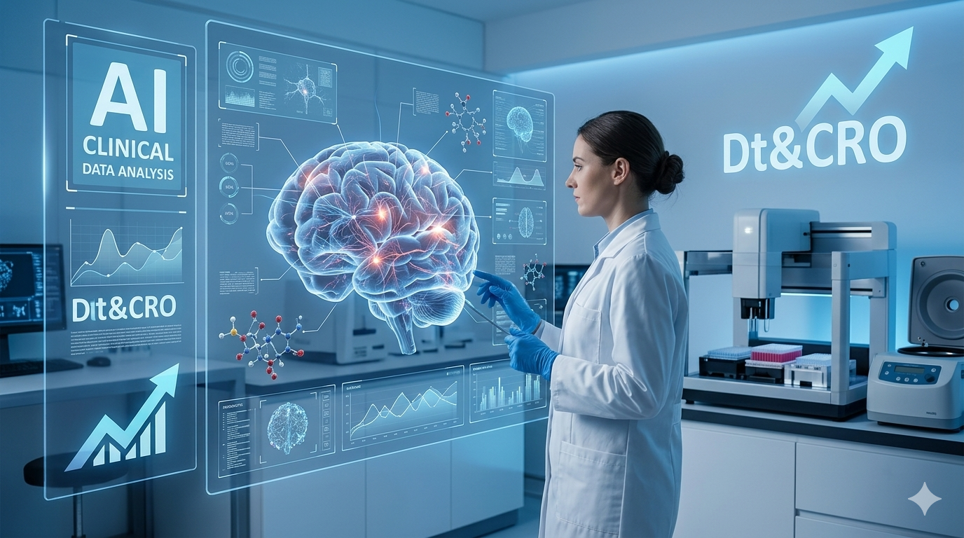 A professional researcher in a modern lab coat looks at a large transparent vertical display with AI CLINICAL DATA ANALYSIS data visualizations, neural paths, complex molecule diagrams, and an upward growth arrow. Robotic sampling in background under clean lighting. No text characters. Dt&amp;CRO logo subtly integrated.