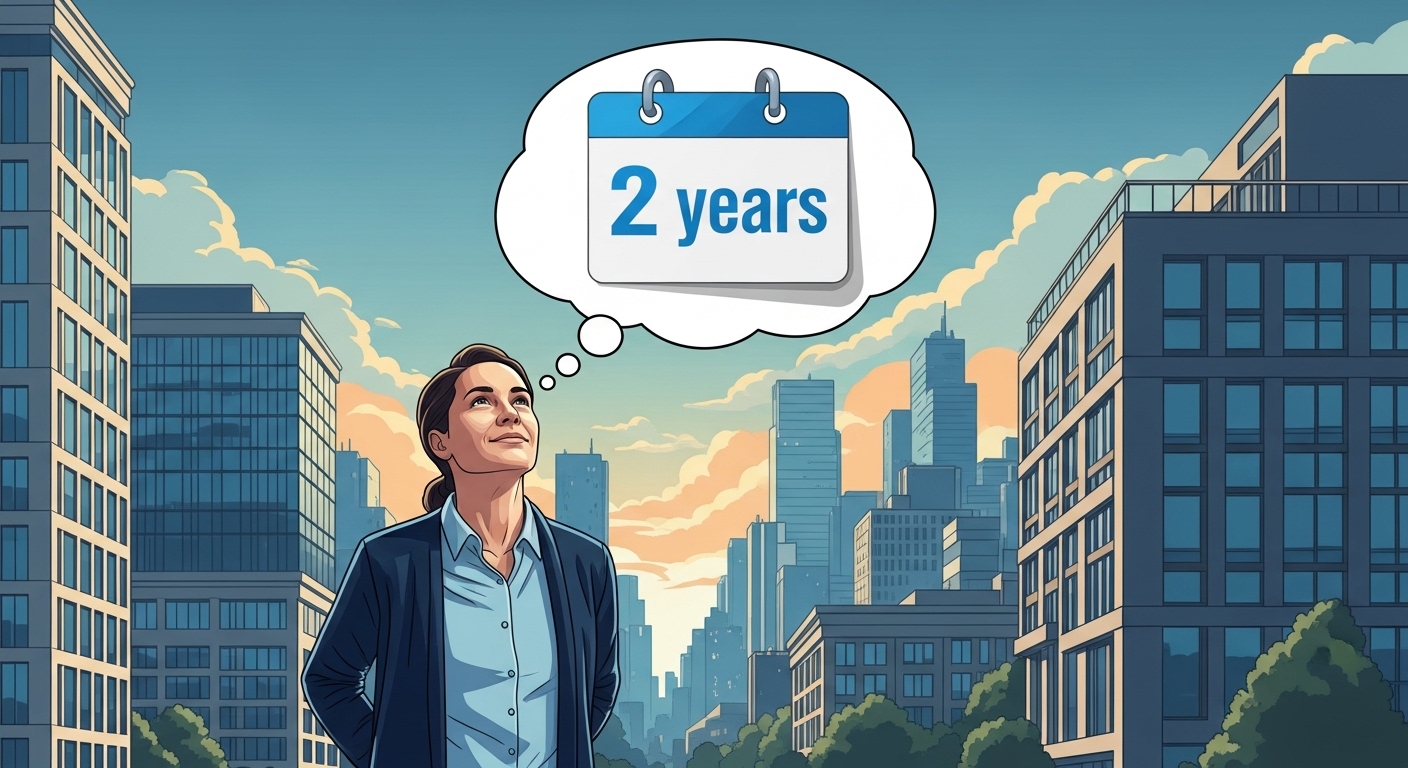 정부의 실거주 의무 2년 유예 정책 발표 후, 한 사람이 아파트 단지를 배경으로 안도하는 표정을 짓고 있는 모습. 2년 유예 기간을 나타내는 달력 아이콘이 함께 보입니다.