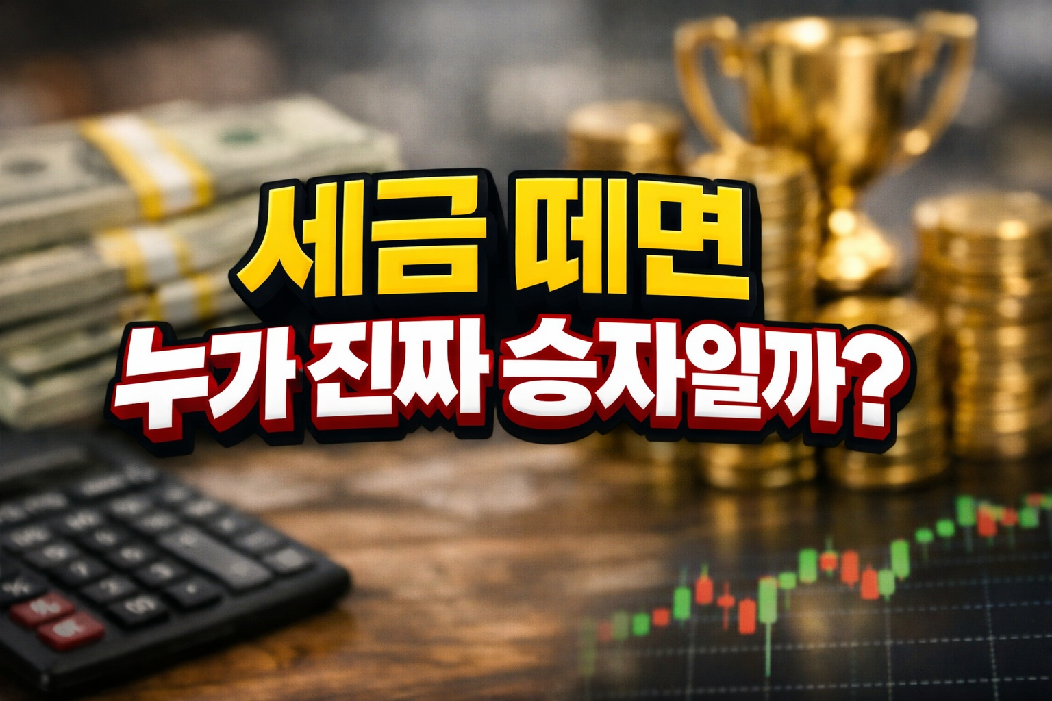 배당소득 이자소득 세금 비교 썸네일, 돈과 계산기 트로피 주식 차트 일러스트