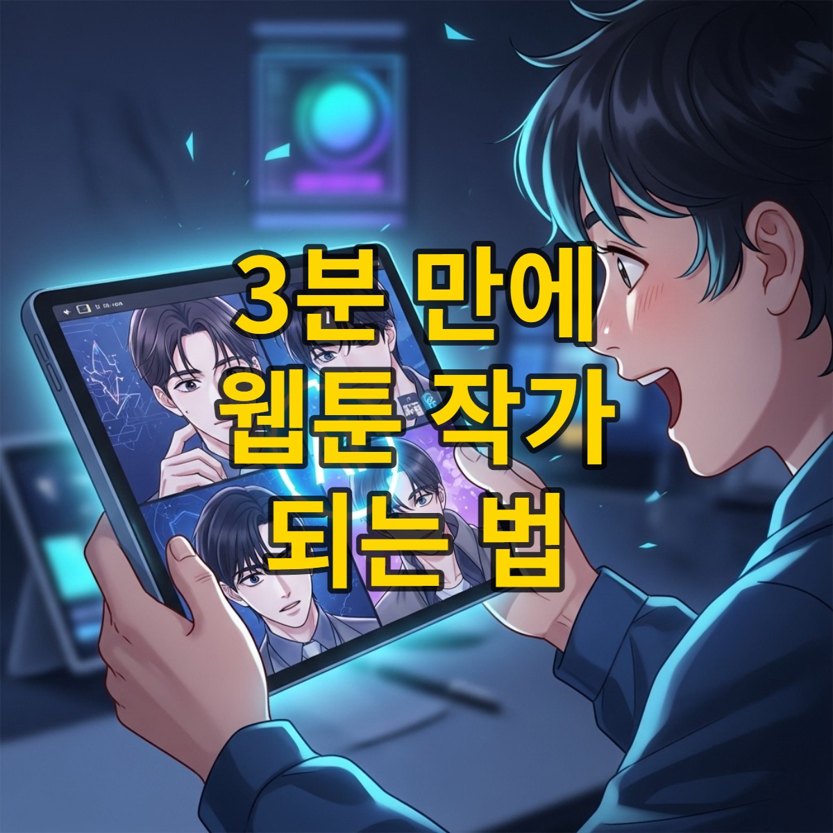 그림 실력 없이 AI 앱으로 웹툰을 만들고 기뻐하는 사람의 모습. 디지털 태블릿에 4컷 만화가 선명하게 보인다.