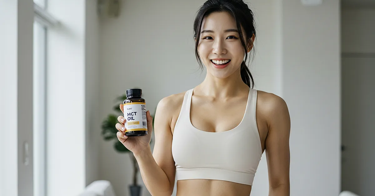 아이보리 브라탑을 입은 여성이 MCT 오일 보틀을 들고 밝게 웃고 있는 장면