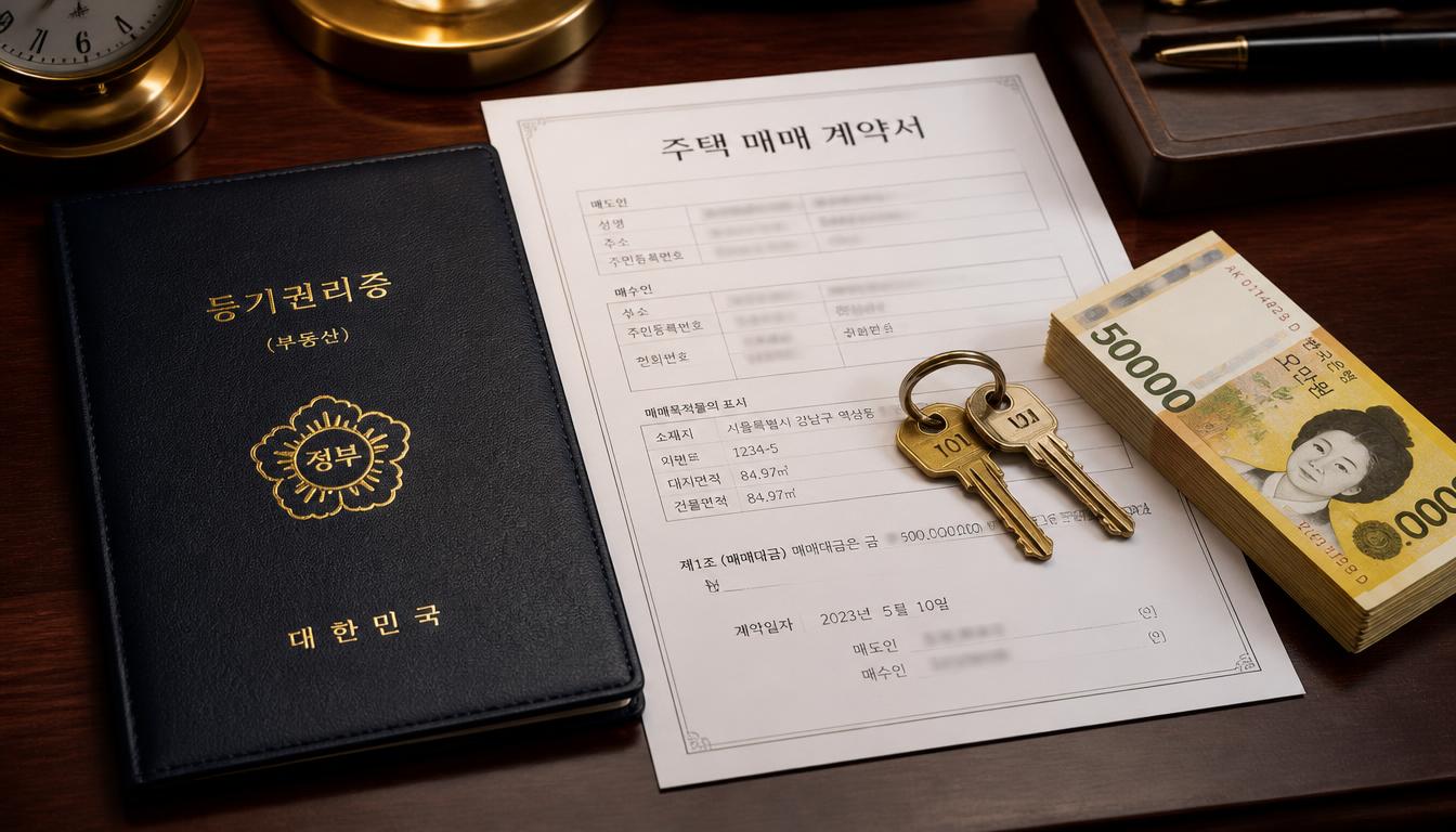 깊이감 있는 짙은 월넛 원목 테이블 위에 금박 각인이 새겨진 대한민국 부동산 등기권리증(집문서)과 매매 계약서, 황동 소재 아파트 열쇠, 선명한 노란색 5만 원권 신권 지폐 다발이 품격 있게 놓여 있는 프리미엄 부동산 정물 컷.