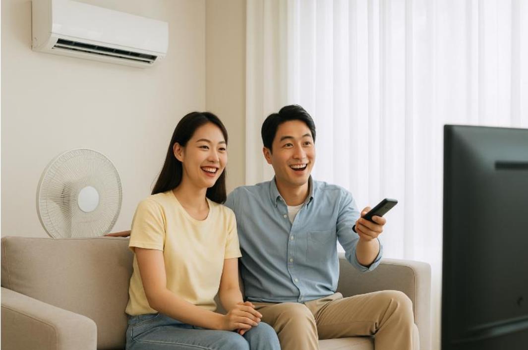 거실에서 에어컨의 전기 사용량을 줄이고 냉방 효과를 높이기 위해 선풍기를 사용하는 모습