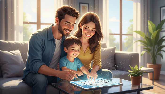 새 아파트 평면도를 보며 미래를 계획하는 행복한 가족의 모습