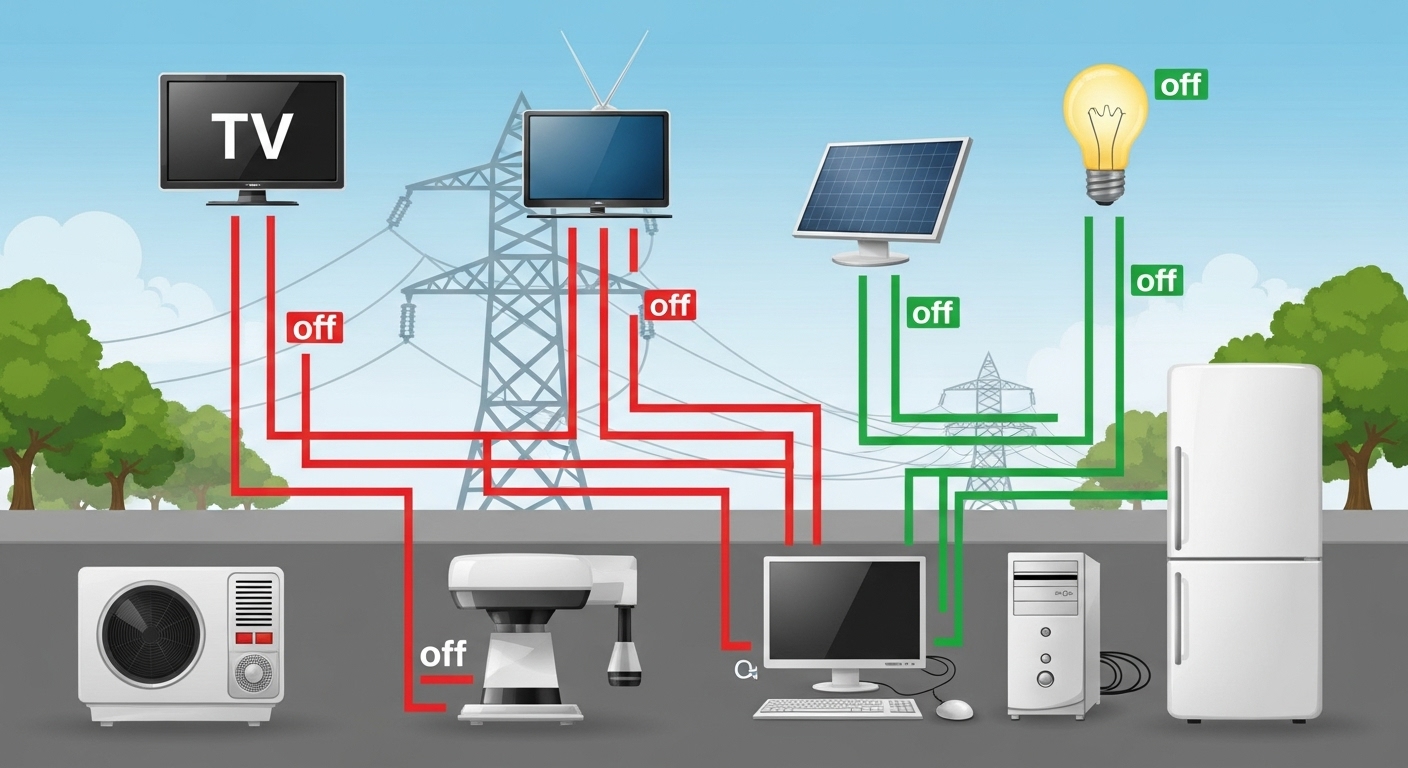 다양한 가전제품들이 에너지 절약 습관을 통해 전력 소비를 줄이는 모습을 시각적으로 표현한 일러스트. 절전으로 온실가스 배출 감소 및 환경 보호에 기여하는 의미를 담음.