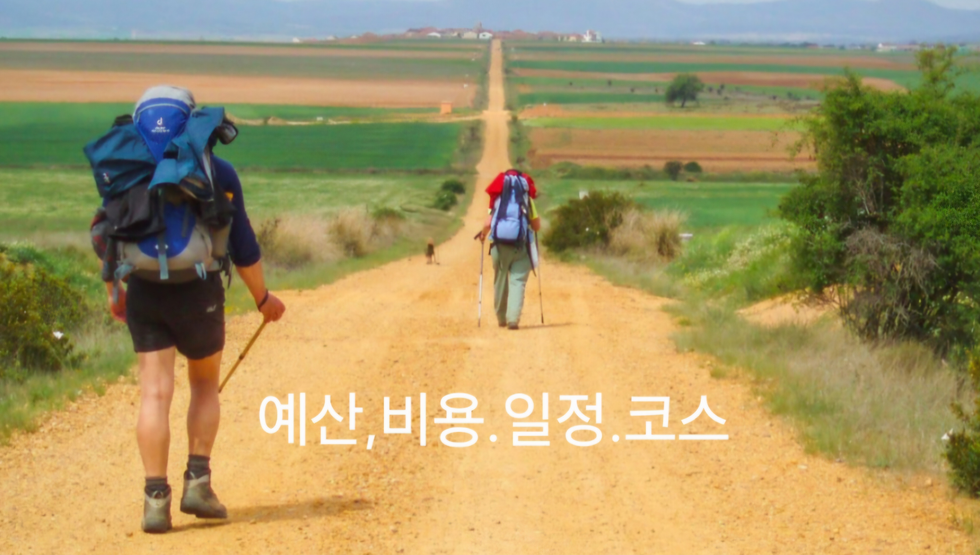 산티아고 길 걸어가는 트래킹 하는 뒷 모습 사진
