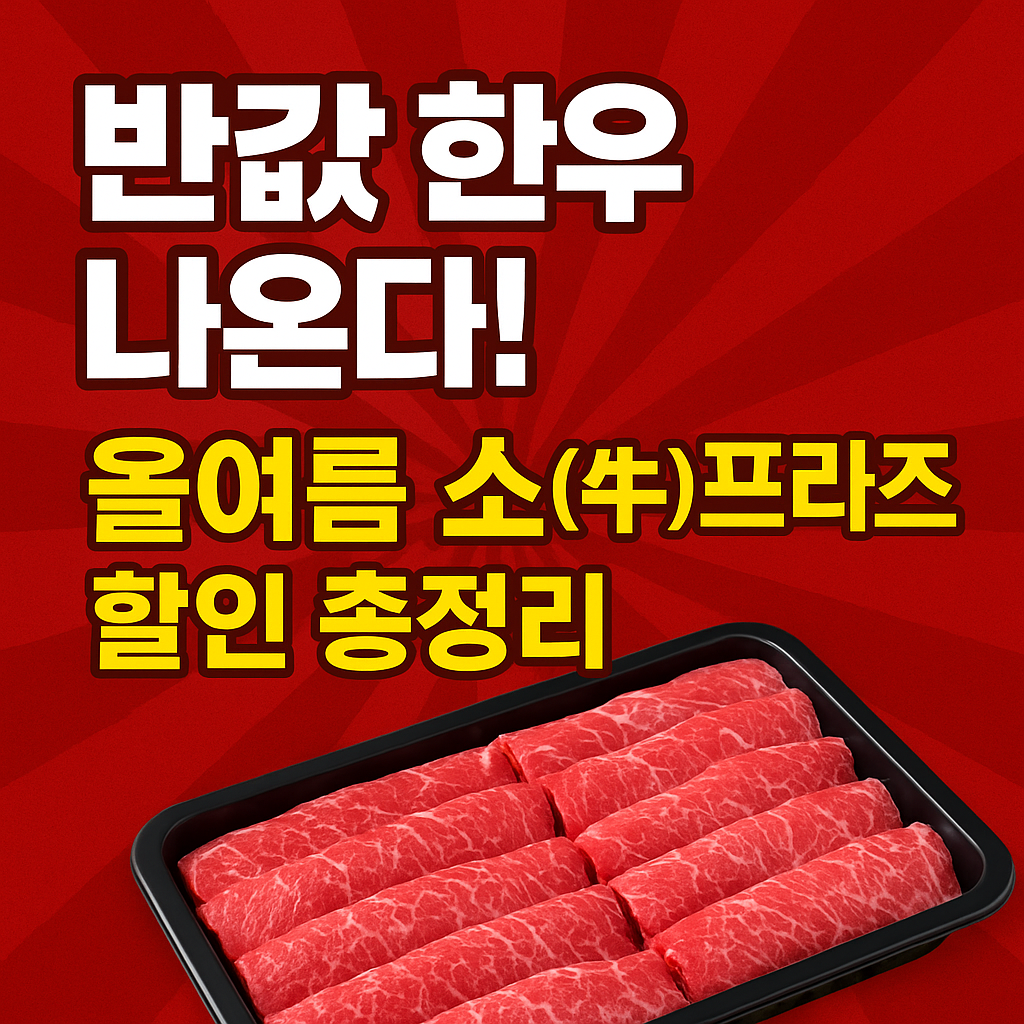 소프라이즈 한우 할인 행사 포스터 - 반값 한우 등장 안내와 마블링 고기 이미지가 포함된 홍보 썸네일