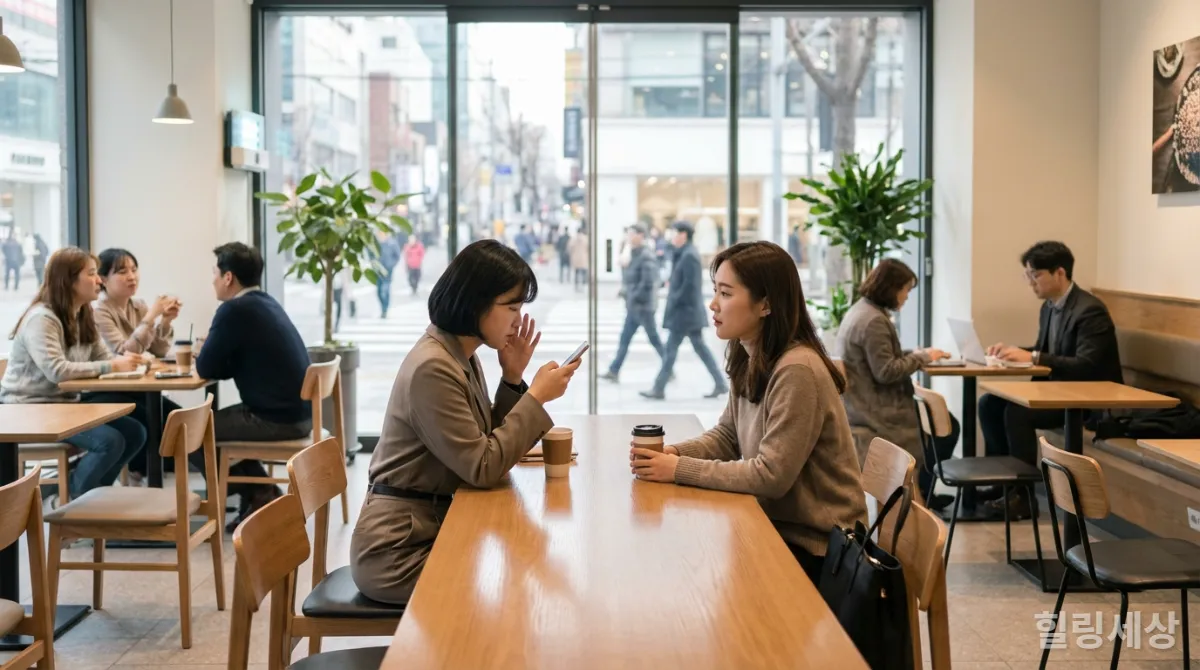 서울 강남의 밝은 카페에서 두 젊은 한국 여성이 대화하며 안전 수칙을 지키는 모습