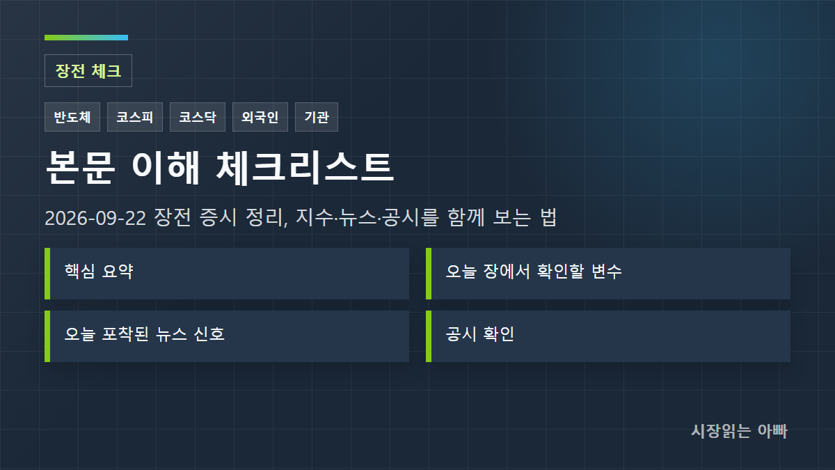 2026-09-22 장전 증시 정리, 지수·뉴스·공시를 함께 보는 법 체크리스트: 핵심 요약; 오늘 장에서 확인할 변수; 오늘 포착된 뉴스 신호