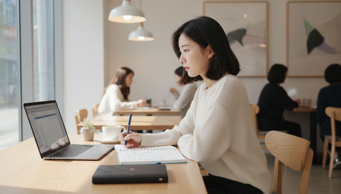 카페에서 노트북과 다이어리로 부업 소득과 관련 경비를 꼼꼼히 정리하는 한국인 프리랜서