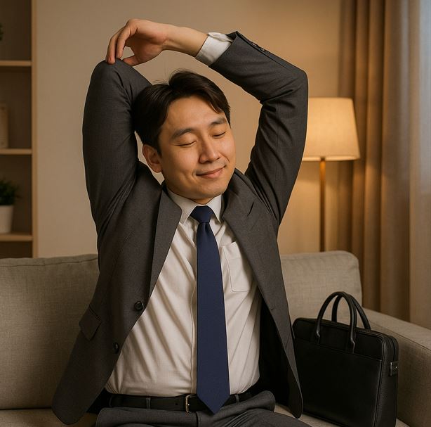 한 남성이 퇴근 후 스트레칭을 하고 있다