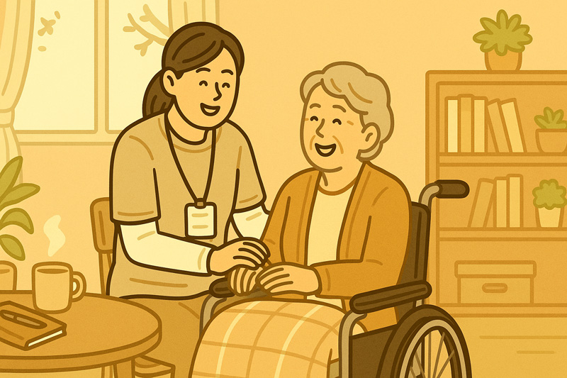 요양보호사가 노인을 돌보며 미소 짓는 장면, 요양보호사 자격증 실무 모습