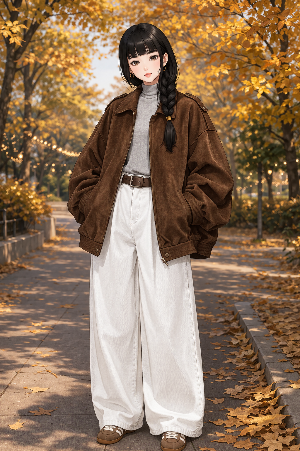 K-Fashion Chocolate Brown Suede Jacket With White Pants And Clean Autumn Look