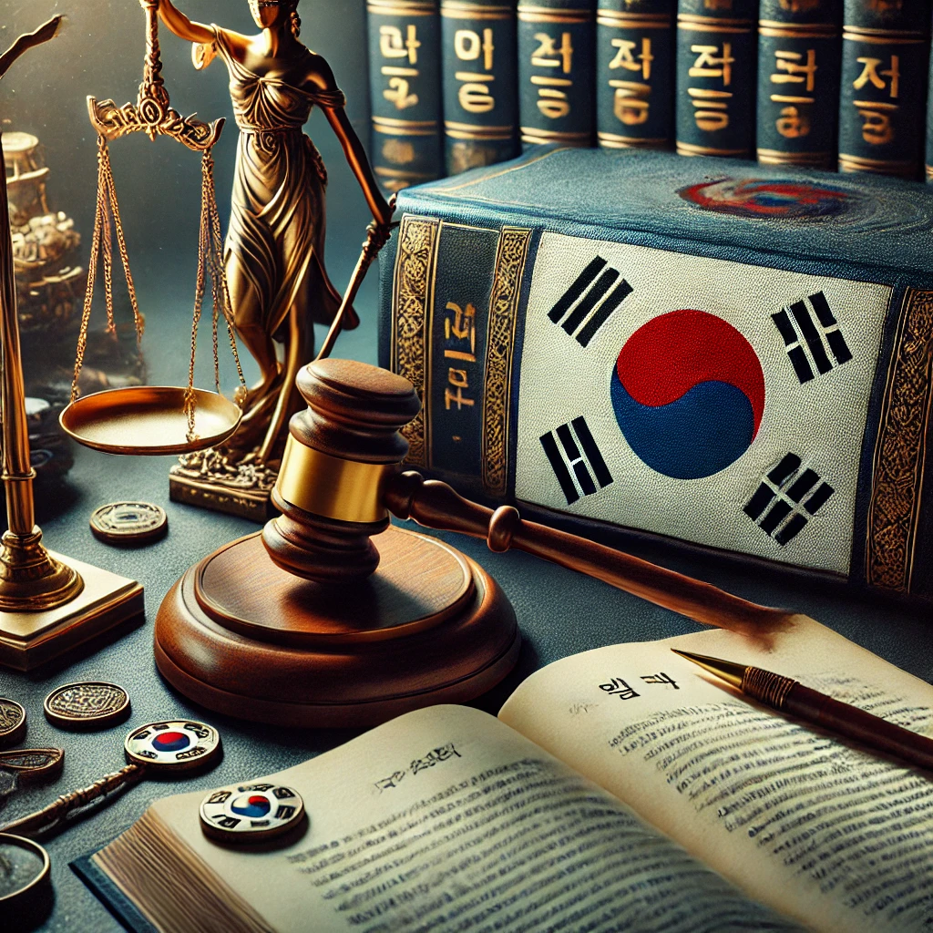 판사봉과 헌법책&amp;#44; 법률문서와 저울이 조화를 이루는 법 상징 이미지 