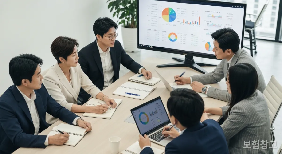 회의실에서 4대보험 관련 재정 데이터를 분석하고 토론하는 한국인 직장인들