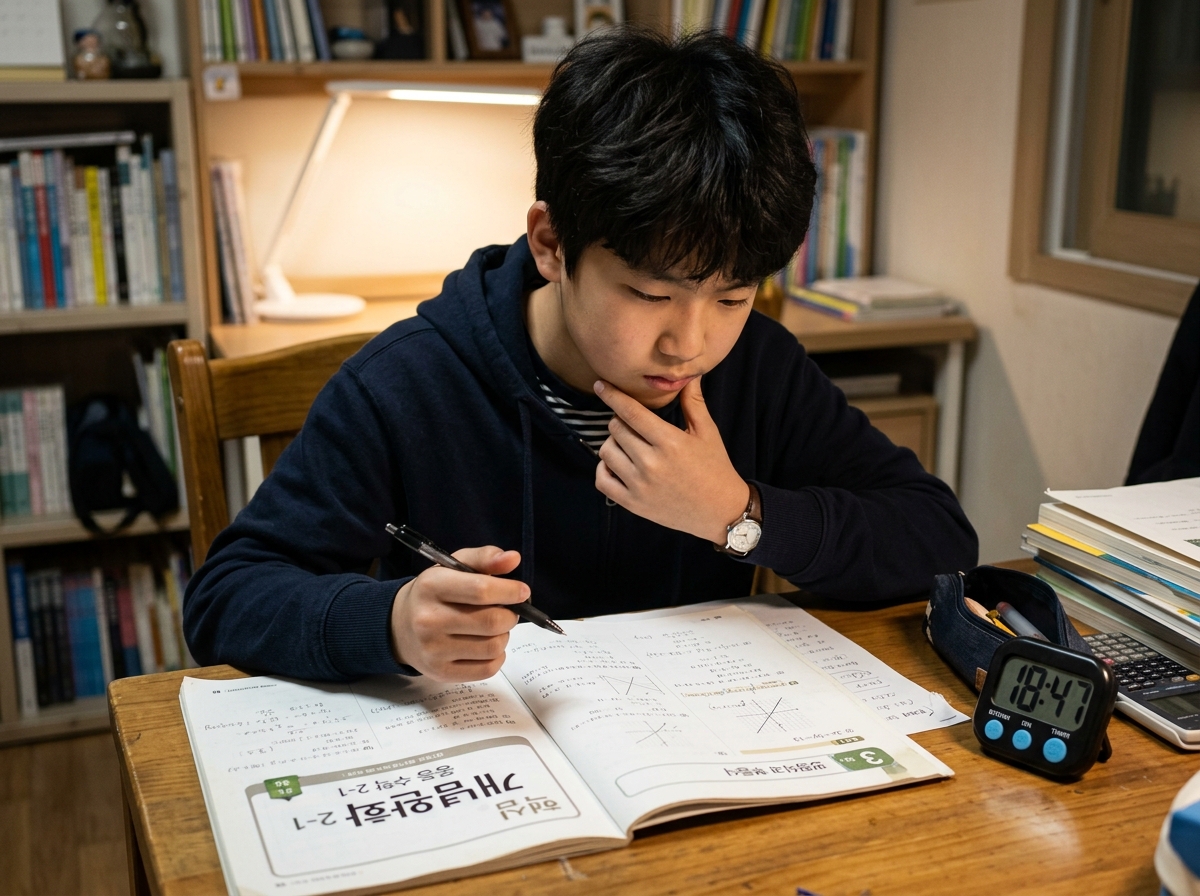 학생이 수학 문제를 풀며 생각하는 모습과 타이머