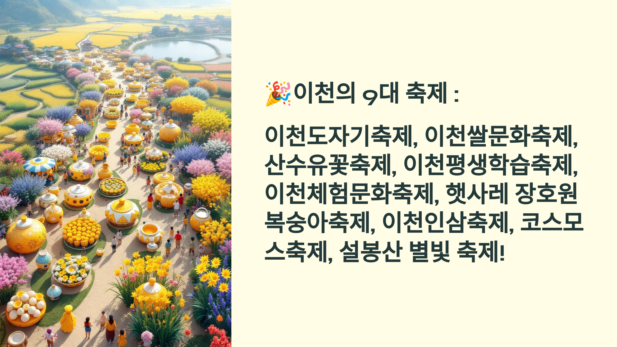 🎉이천의 9대 축제 : 이천도자기축제, 이천쌀문화축제, 산수유꽃축제, 이천평생학습축제, 이천체험문화축제, 햇사레 장호원복숭아축제, 이천인삼축제, 코스모스축제, 설봉산 별빛 축제!