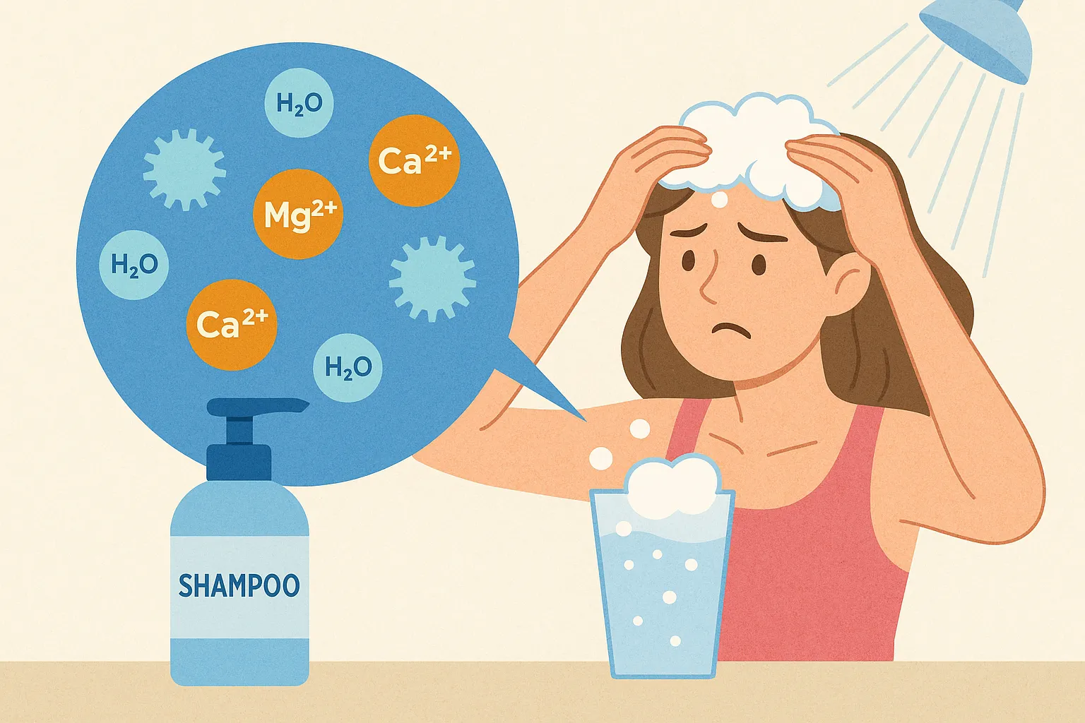 샴푸를-사용해도-거품이-잘-생기지-않는-이유를-과학적으로-설명하는-그림으로,-물속의-칼슘과-마그네슘-이온이-샴푸-성분과-반응해-거품-형성을-방해하는-모습을-표현한-일러스트