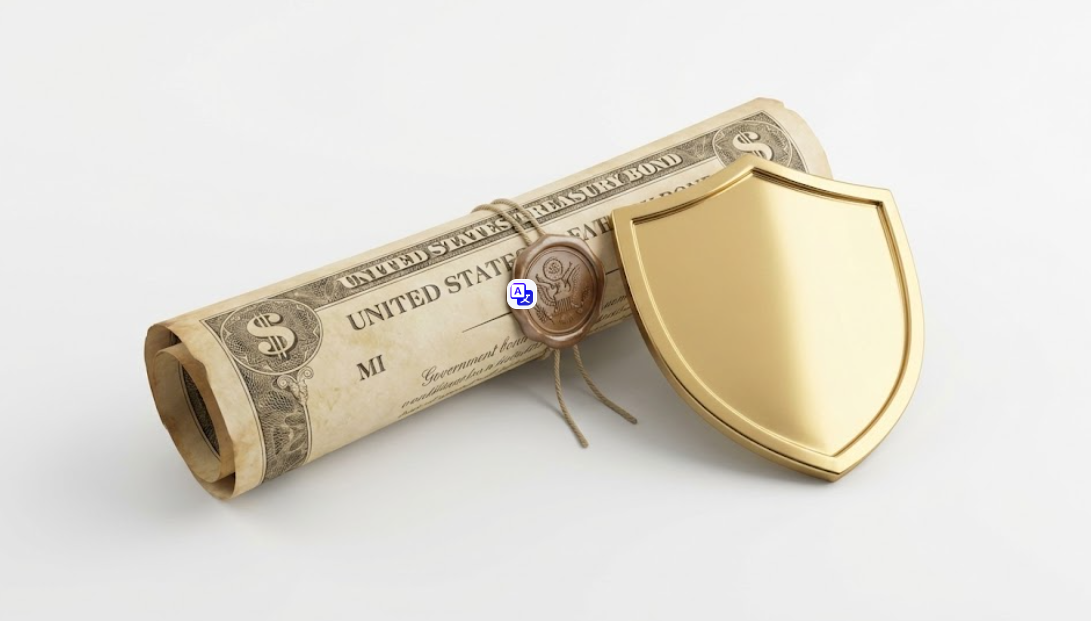 앤티크한 정부 채권 증서와 안전을 상징하는 황금 방패가 놓여 있는 금융 컨셉 이미지