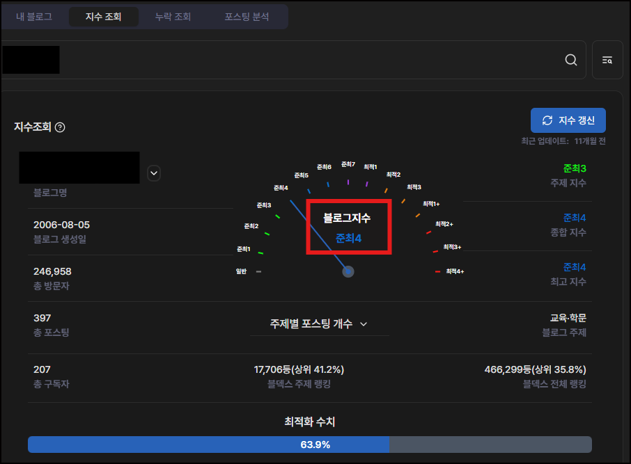 지수 조회 결과 화면