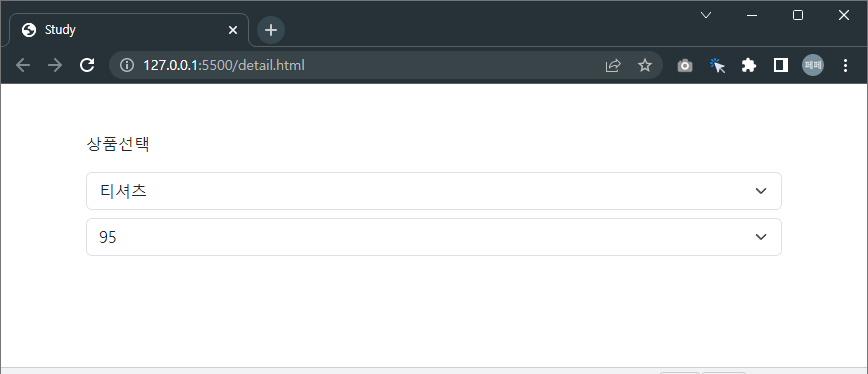 티셔츠를-선택하면,-사이즈-선택을-위한-셀렉트-박스가-나타납니다.