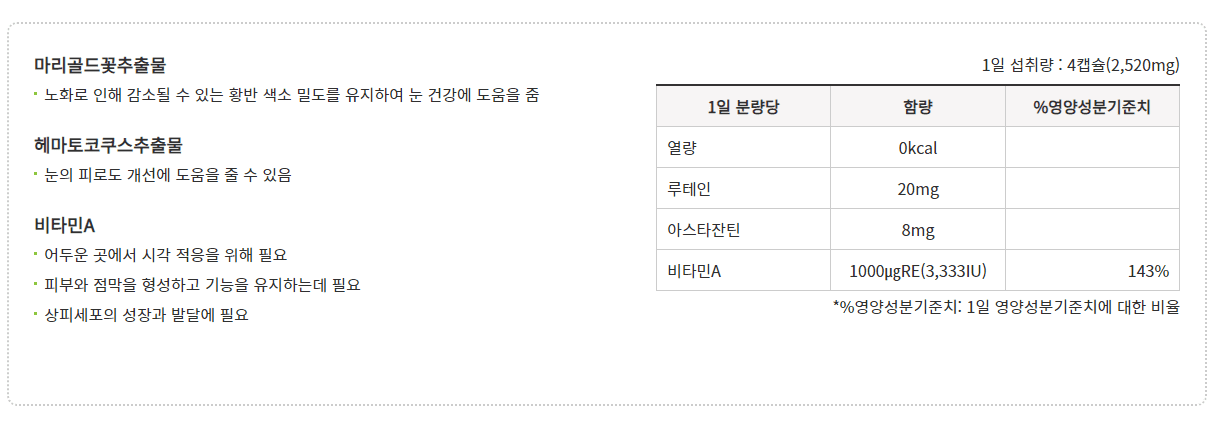 J&H 바이오-아이포뮬러
1일 섭취량 : 4캡슐
루테인 20mg
아스타잔틴 8mg