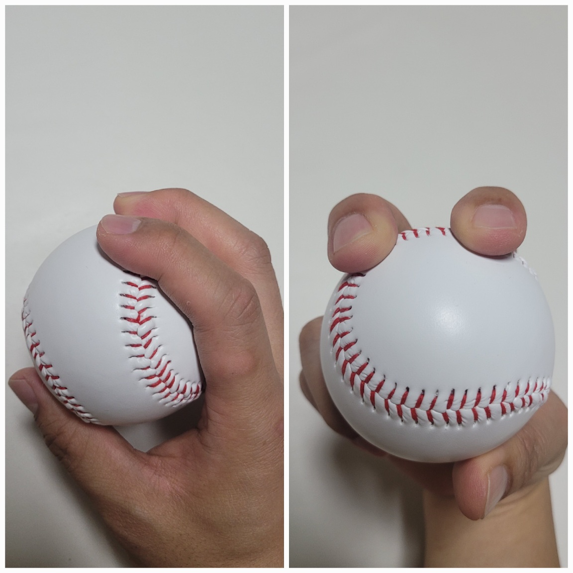 포심 패스트볼 그립 측면과 정면에서 본 것