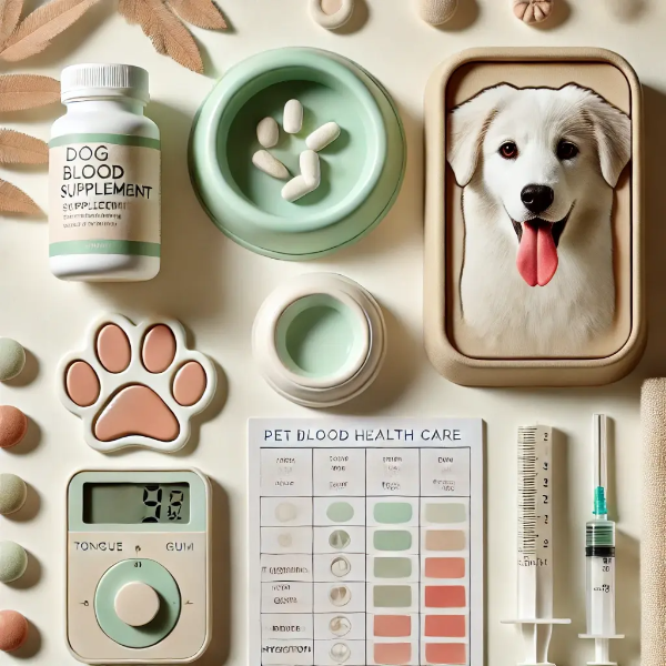 백색 배경 위에 반려견 빈혈 관리용 보조제, 혀/잇몸 색상 차트, 건강기록기, 수분 주사기가 정돈된 구성
