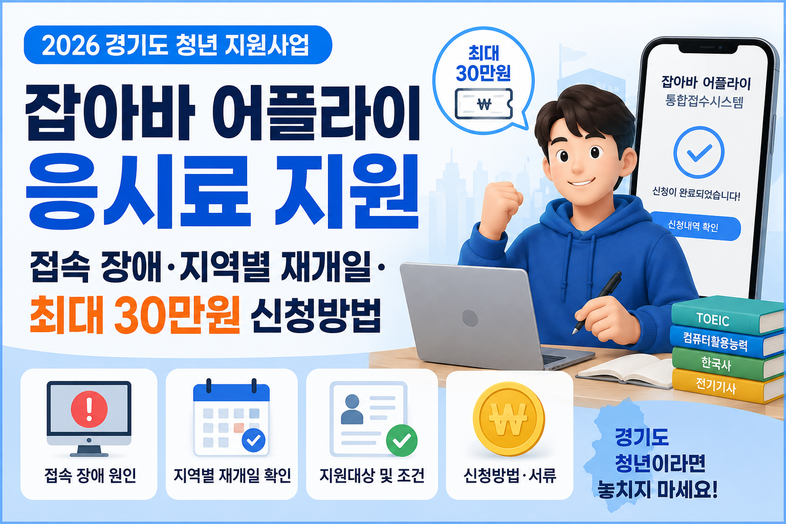 2026 잡아바 어플라이 경기청년 응시료 지원 최대 30만원 신청방법과 지역별 접수 재개일 안내