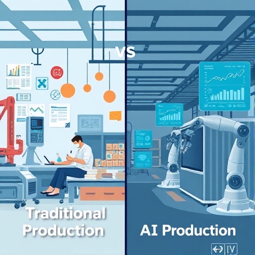 AI 시대의 생산관리 변화 로 전통생산과 ai생산을 비교한 그림