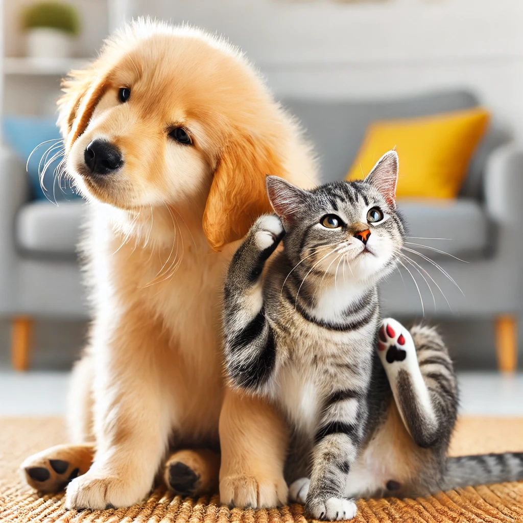회색고양이와 누렁이 강아지