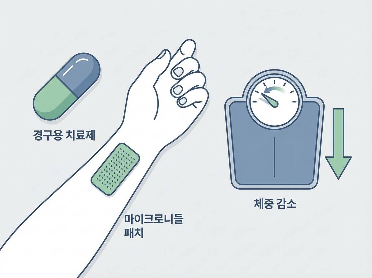 알약 형태의 비만치료제와 팔에 붙이는 마이크로니들 패치가 나란히 놓여 있고, 그 옆에 체중계의 바늘이 급격히 줄어드는 모습을 상징적으로 표현한 그래픽