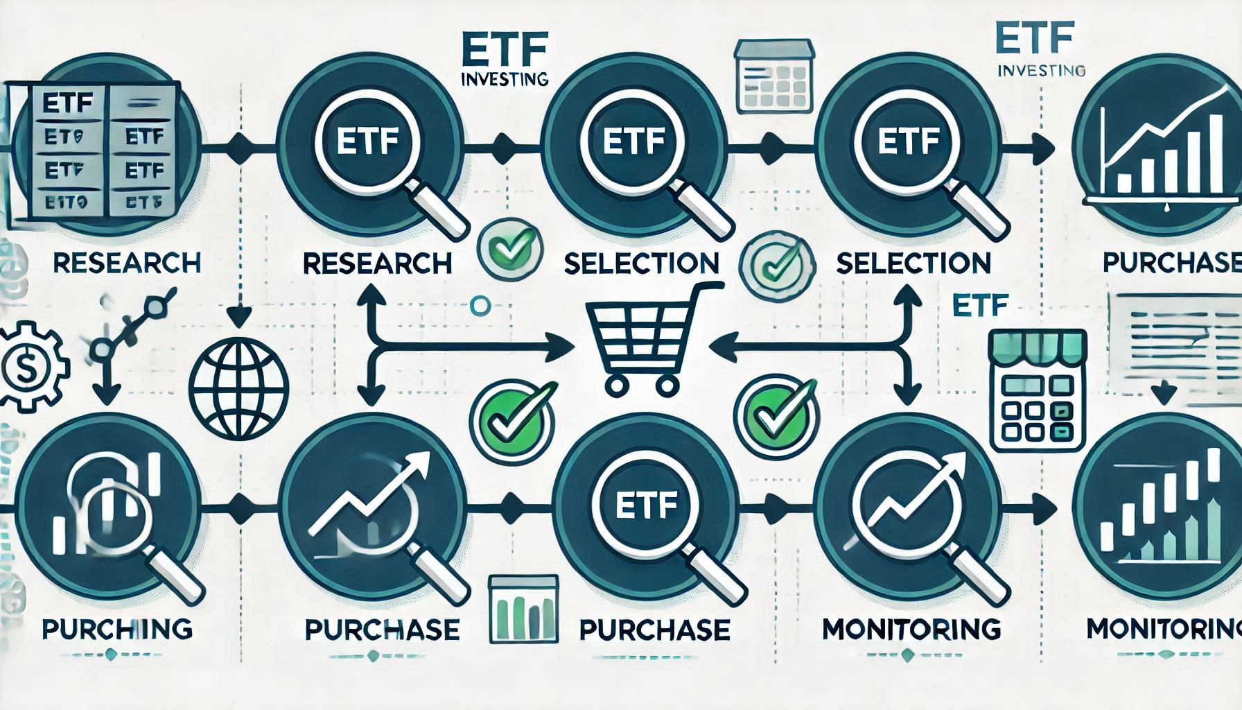ETF 투자의 여정을 보여주는 4단계 일러스트레이션. 각각의 연결된 원에는 투자의 각 단계(리서치, 선택, 구매, 모니터링)를 표현. 전문적인 느낌의 파란색과 초록색 배색 사용. 돋보기, 체크마크, 쇼핑카트, 그래프와 같은 심플한 아이콘 포함. 미니멀한 비즈니스 스타일