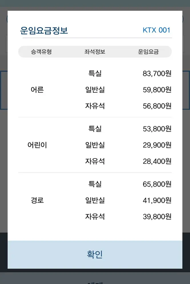 KTX 자유석 요금