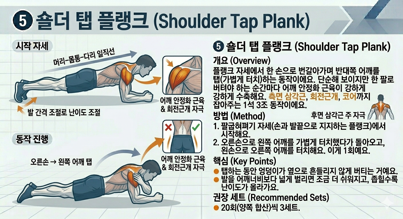 숄더 탭 플랭크 자세