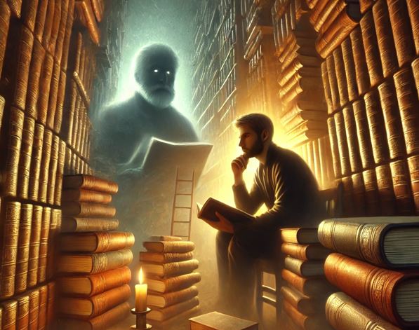 책장 속에 갇힌 주인공의 이미지