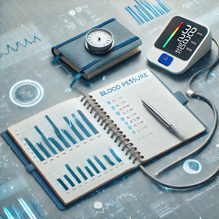 혈압 추적을 위한 기록 도구와 차트를 보여주는 시각적 자료