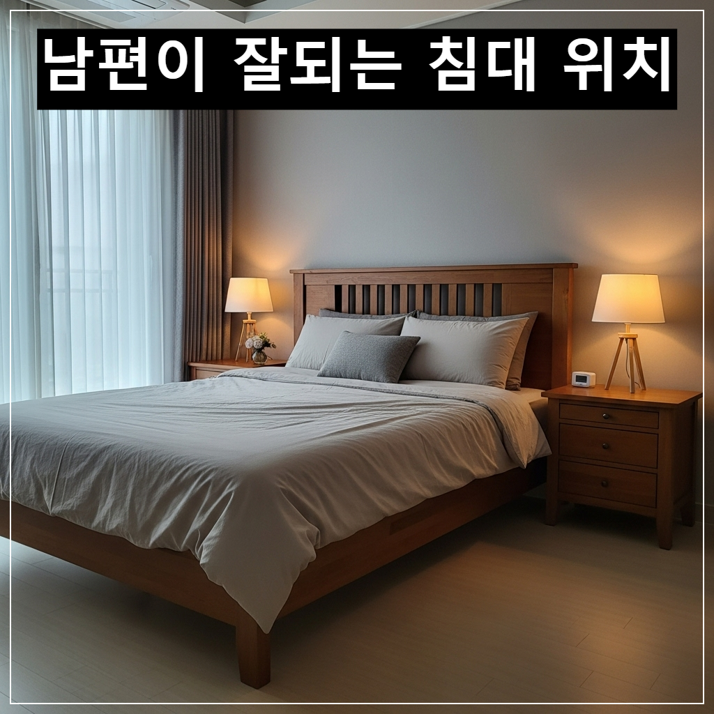한국식 아파트 침실 문을 열었을 때 대각선 안쪽에 안정적으로 배치된 원목 침대와 양쪽 협탁 조명이 균형을 이루는 아늑한 모습