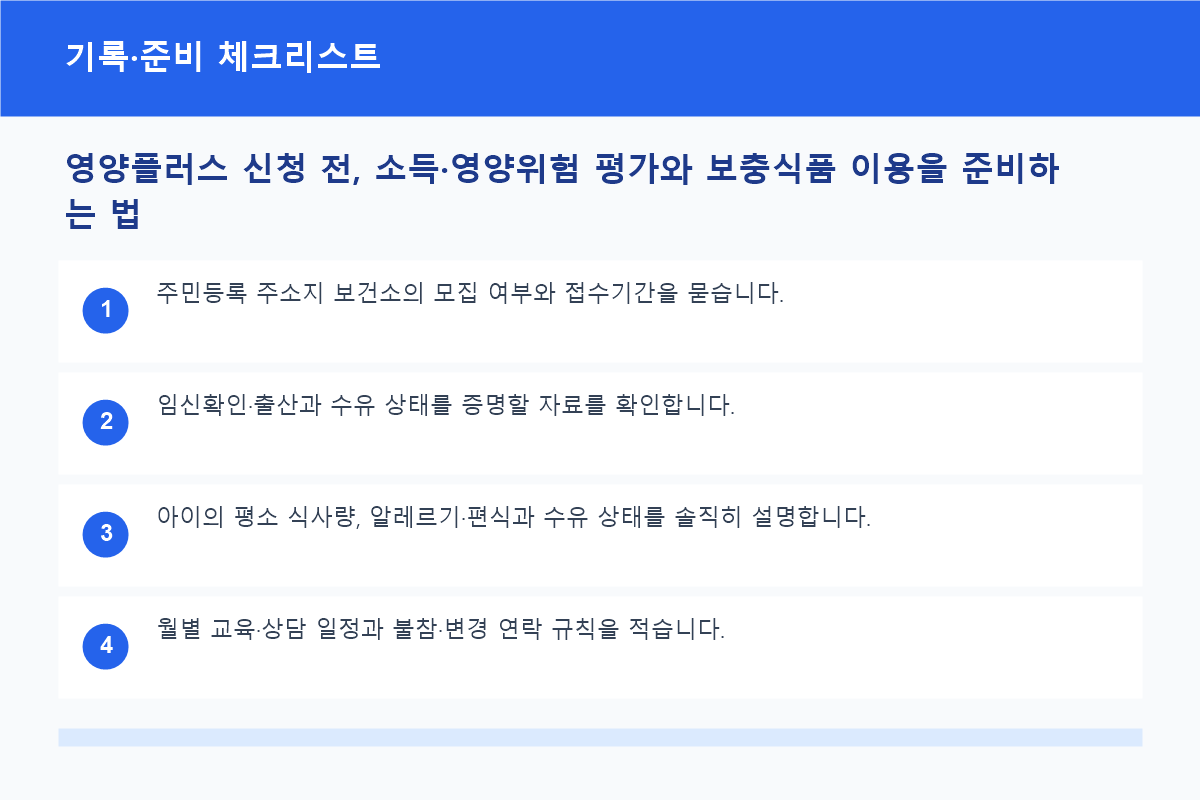영양플러스 신청 전, 소득·영양위험 평가와 보충식품 이용을 준비하는 법 기록·준비 체크리스트 정보 이미지
