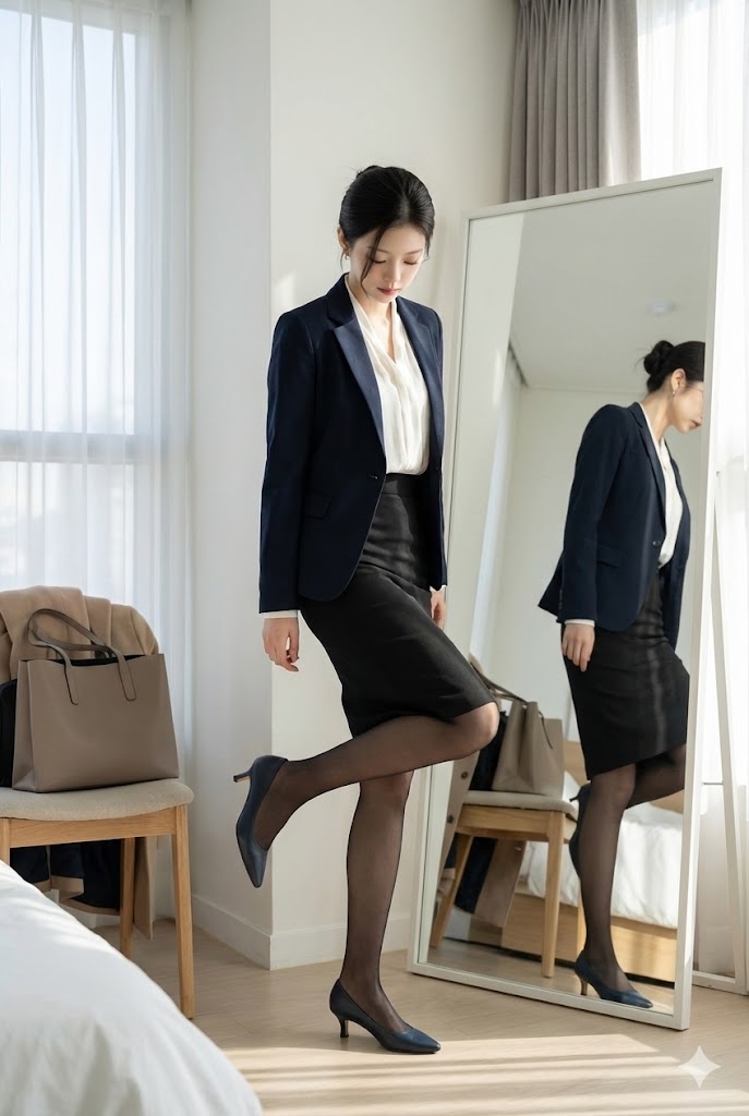 여성이 종아리의 붓기를 확인하는 모습의 사진