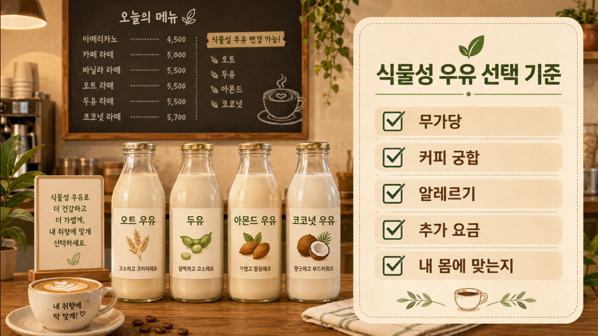 식물성 우유를 선택할 때 무가당 여부, 커피 궁합, 알레르기, 추가 요금을 확인하는 체크리스트 이미지